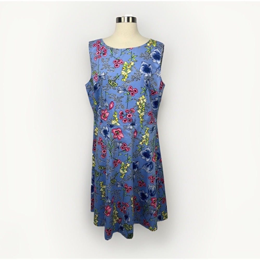 Talbots Sz 16 Sheath Dress Blue Floral Sleeveless Cotton Stretch Summer‎ Party
